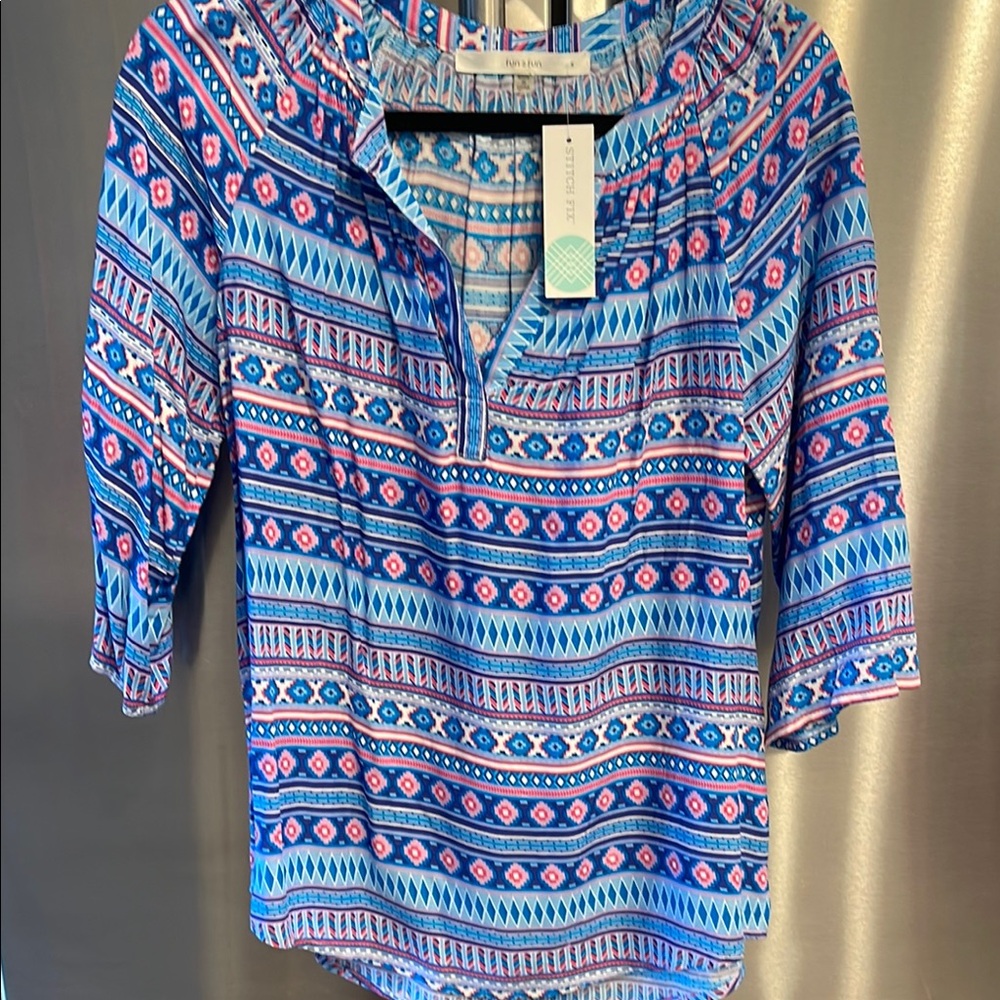 Fun 2 Fun Blue Geometric Blouse